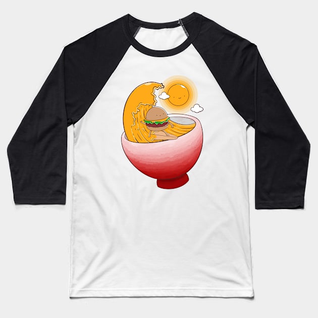 Burger Surfer in Ramen Bowl Baseball T-Shirt by Artthree Studio